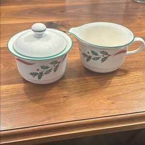 Lenox Chinastone Country Holly Christmas Sugar and Cream Dish Set Made in USA